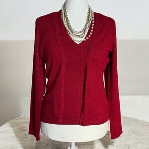 INC International Concepts Red Sparkle V-Neck Top and Matching Cardigan